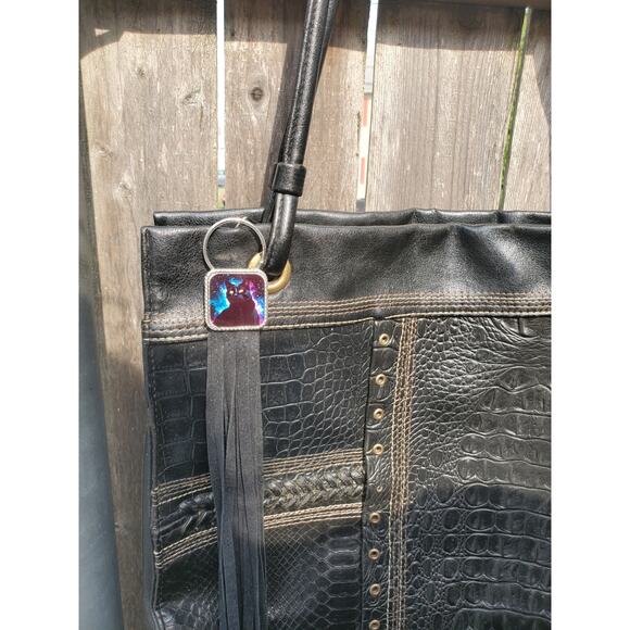 Handmade spooky cat boho Leather Fringe Western bag charm, Long fringe keychain - Picture 4 of 5